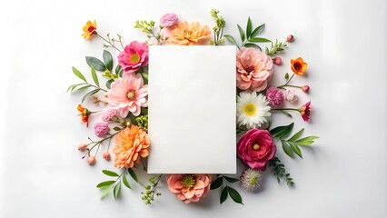 Vertical top view blank card with flowers Abstract organic flowers Blooming floral on white background for invitation card. 