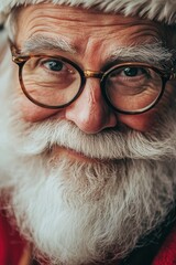 A close-up portrait of a senior man dressed as Santa Claus featuring a full white beard and warm friendly expression