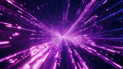 Naklejka premium Purple neon light streaks radiating from the center on a dark background, evoking themes of technology, big data, and bots. generative ai