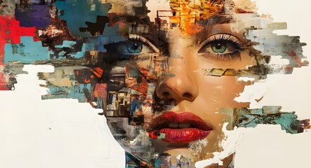 42. **Conceptual face art featuring a collage of photographic and painted elements**