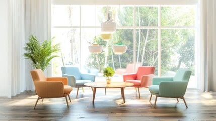 A cheerful and modern meeting room with colorful chairs arranged around a wooden table, bathed in natural light from tall windows, creating a vibrant and collaborative atmosphere.