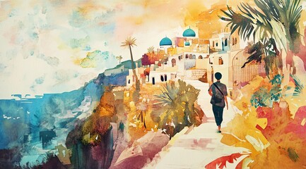 A person walks along a picturesque coastal path adorned with lively vegetation, enjoying the peace of the sea while celebrating Uraza in a bright, artistic setting