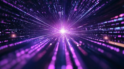 Naklejka premium Purple neon light streaks radiating from the center on a dark background, evoking themes of technology, big data, and bots. generative ai