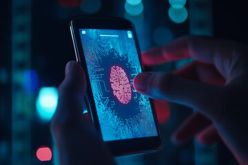 Biometric fingerprint scanning on smartphone, secure authentication, technology concept, data protection, mobile security, identity verification, futuristic digital interface

