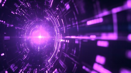 Obraz premium Purple neon light streaks radiating from the center on a dark background, evoking themes of technology, big data, and bots. generative ai