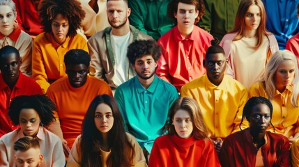 A diverse group of people dressed in vibrant, coordinated outfits, sitting together against a colorful backdrop, exuding unity and cultural variety.