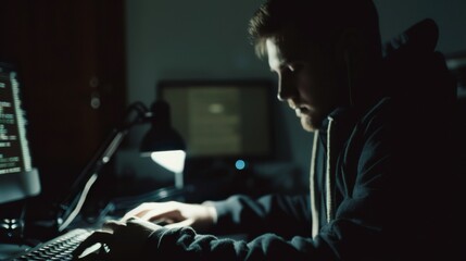 A hacker is engrossed in coding on a computer in a dim-lit room, emanating mystery and the enigmatic atmosphere of digital espionage.