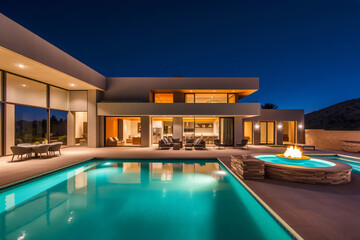 Fototapeta premium outdoor living space - modern mansion in the desert at night with swimming pool