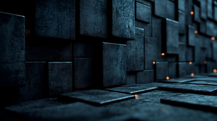 Abstract black textured wall with illuminated elements creating a futuristic atmosphere in a dimly lit setting