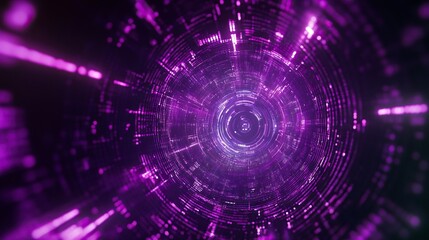 Obraz premium Purple neon light streaks radiating from the center on a dark background, evoking themes of technology, big data, and bots. generative ai