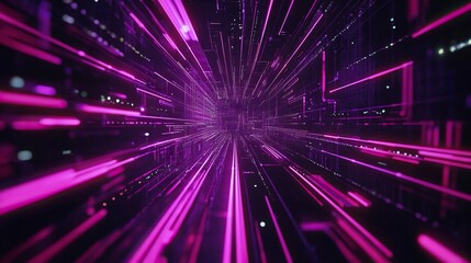 Fototapeta premium Purple neon light streaks radiating from the center on a dark background, evoking themes of technology, big data, and bots. generative ai