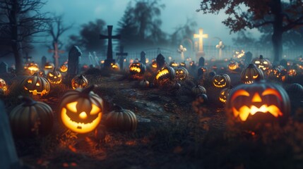 Obraz premium An eerie graveyard scene with dozens of glowing jack-o'-lanterns, casting an ominous ambiance on a misty night.