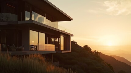 A modern, glass-walled house on a grassy slope, illuminated by the soft hues of a setting sun, offering stunning views of nature.
