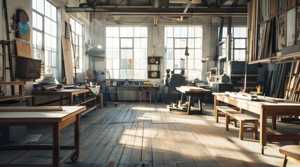 Bright and airy workshop boasting large windows and well-organized workstations, designed to inspire creativity and meticulous work.