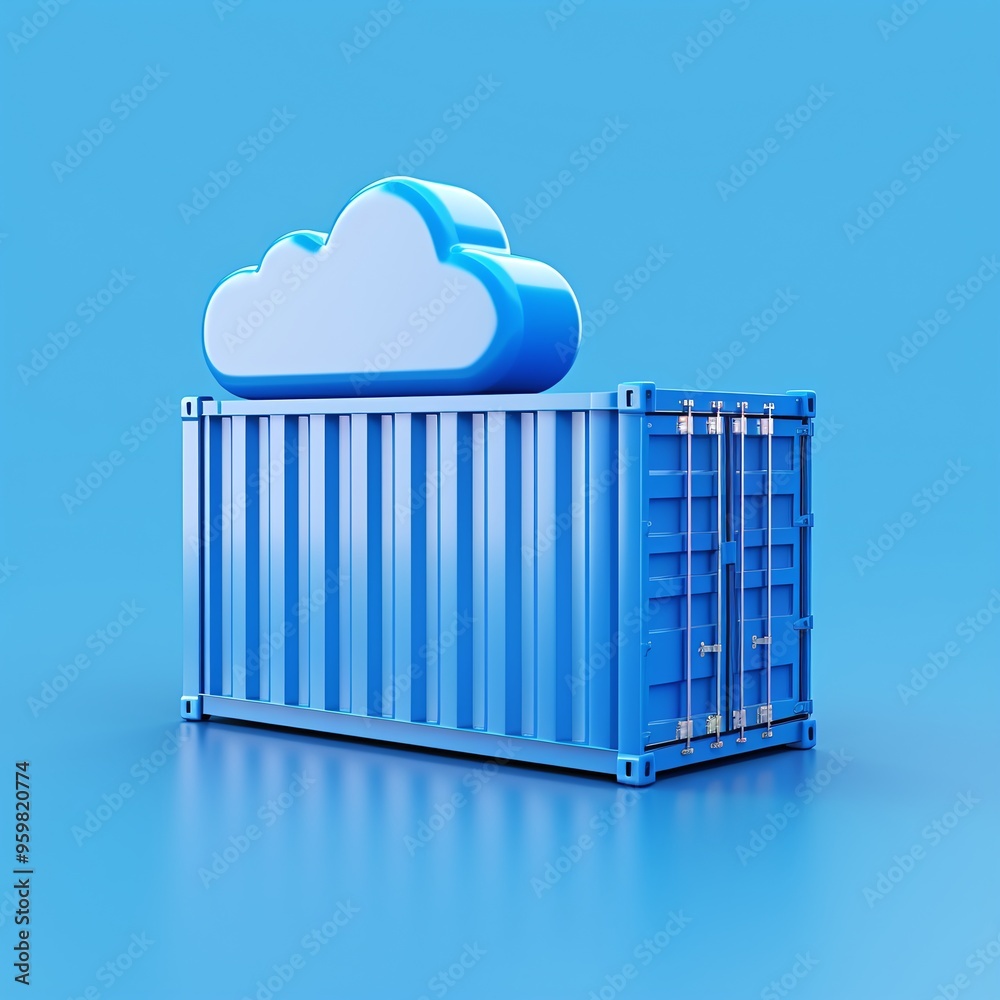 Wall mural blue container with cloud symbol on top against a blue background, symbolizing cloud storage, comput