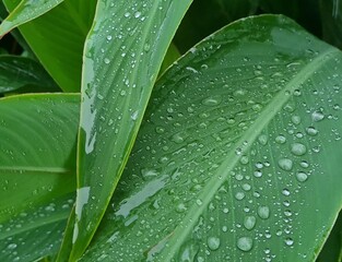 Green leaves with large raindrops, water flowing down the stems