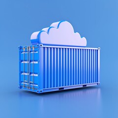 Blue shipping container with a cloud icon on top symbolizing cloud storage and technology, isolated on a blue background.