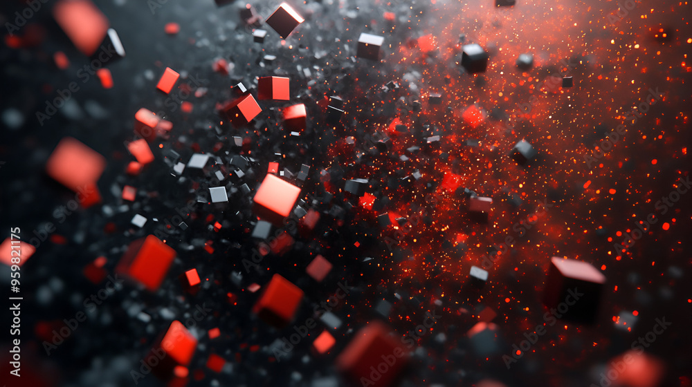 Poster dynamic explosion of red and black cubes dispersing in a 3d space, creating a vibrant and abstract v