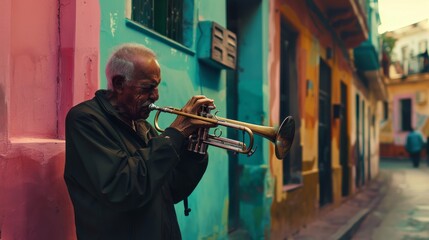 Obraz premium Elderly man passionately plays trumpet on a vibrant, colorful street, exuding energy and the spirit of urban culture and music.