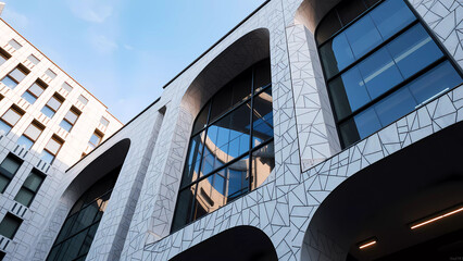 Modern architecture with geometric pattern facade and large arched windows