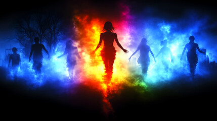 Fototapeta premium A group of people are shown in a colorful, psychedelic background