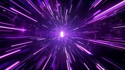 Fototapeta premium Purple neon light streaks radiating from the center on a dark background, evoking themes of technology, big data, and bots. generative ai