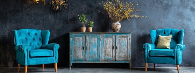 Blue Chairs in a Vintage Living Room.