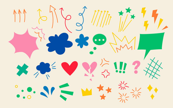 Hand drawn effect set. Collection of arrows and speech bubbles. Vector illustration. Doodle anime sticker pack in bright colors. Emphasis. Cute design elements