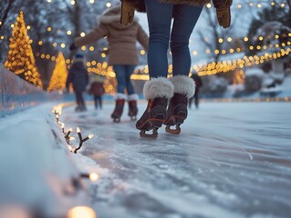 Family ice skating at an outdoor rink decorated with Christmas lights