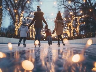 Family ice skating at an outdoor rink decorated with Christmas lights