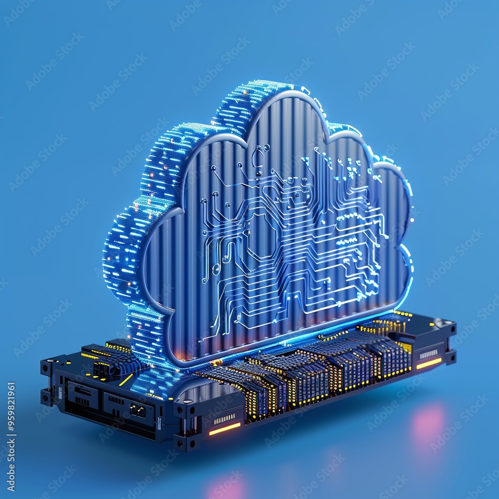 Poster digital cloud and server concept in blue, illustrating data storage and technology integration in a 