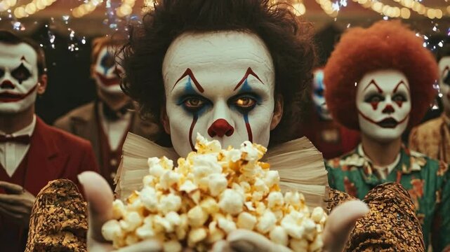 A diverse group of retro clowns from different decades stands under flickering marquee lights by an old circus tent, each in unique costumes and makeup, creating a nostalgic and eerie carnival vibe