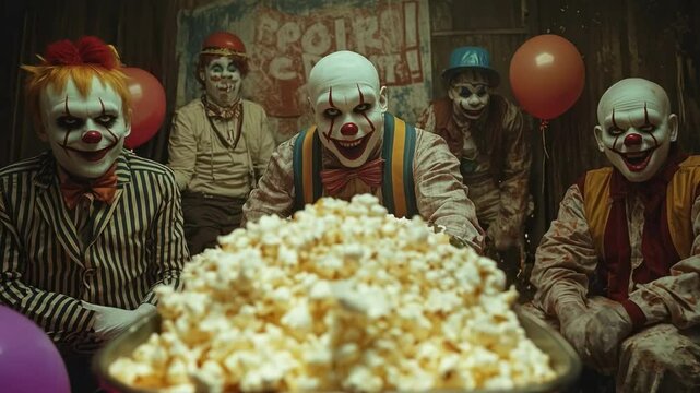 A group of retro clowns from different eras gathers around a vintage popcorn cart in a dilapidated carnival setting, with colorful balloons and old posters, creating a nostalgic yet eerie atmosphere