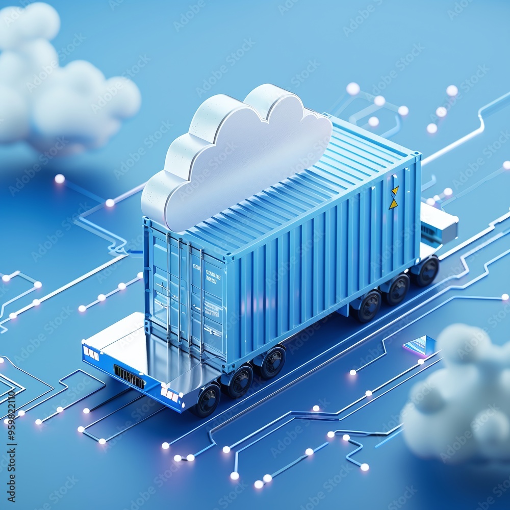 Poster digital concept of cloud computing and data storage showing a container truck interconnected with a 