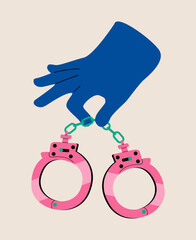 Hand hold handcuffs. Colorful vector illustration