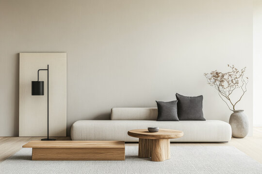 Minimalist living room interiors in neutral tones with natural lighting and elegant decor. Luxury interior design composition