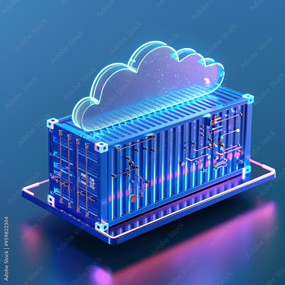 Poster digital illustration of a cloud computing container with data representation, reflecting modern tech