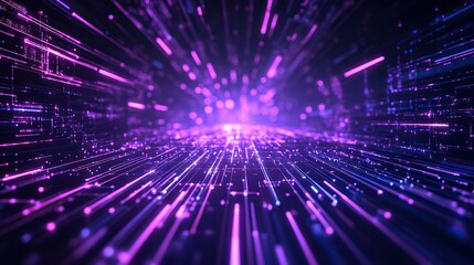 Naklejka premium Purple neon light streaks radiating from the center on a dark background, evoking themes of technology, big data, and bots. generative ai