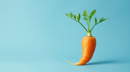 Carrot Crunch. Fresh orange carrot with green sprout against blue background, symbolizing organic growth