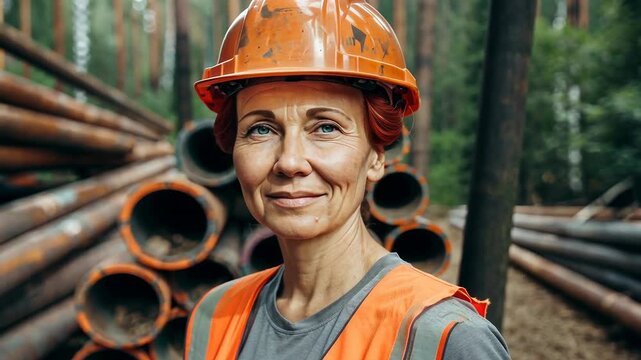 Confident female construction worker at industrial site