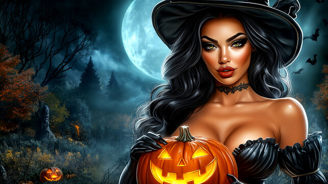 A woman in a witch costume holding a pumpkin