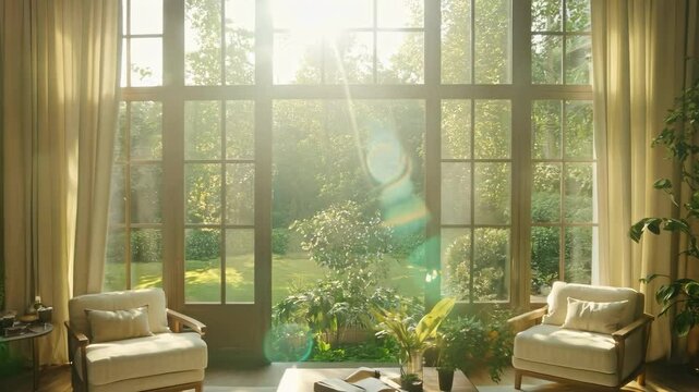 Scandinavian-style living room with large windows to a lush garden, neutral tones, cozy armchairs, wooden furniture, and greenery, creating a calming atmosphere