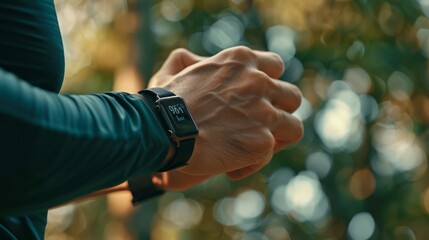Close-up of a person checking their smartwatch during a morning outdoor run, surrounded by a beautifully blurred, bokeh natural background.