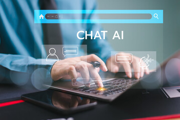 Fototapeta premium Ai chat bot with customer help modern business. Businessman use computer open chat Ai application, Artificial intelligence robot. Mobile app convenient assistance. Conversation prompt generate service