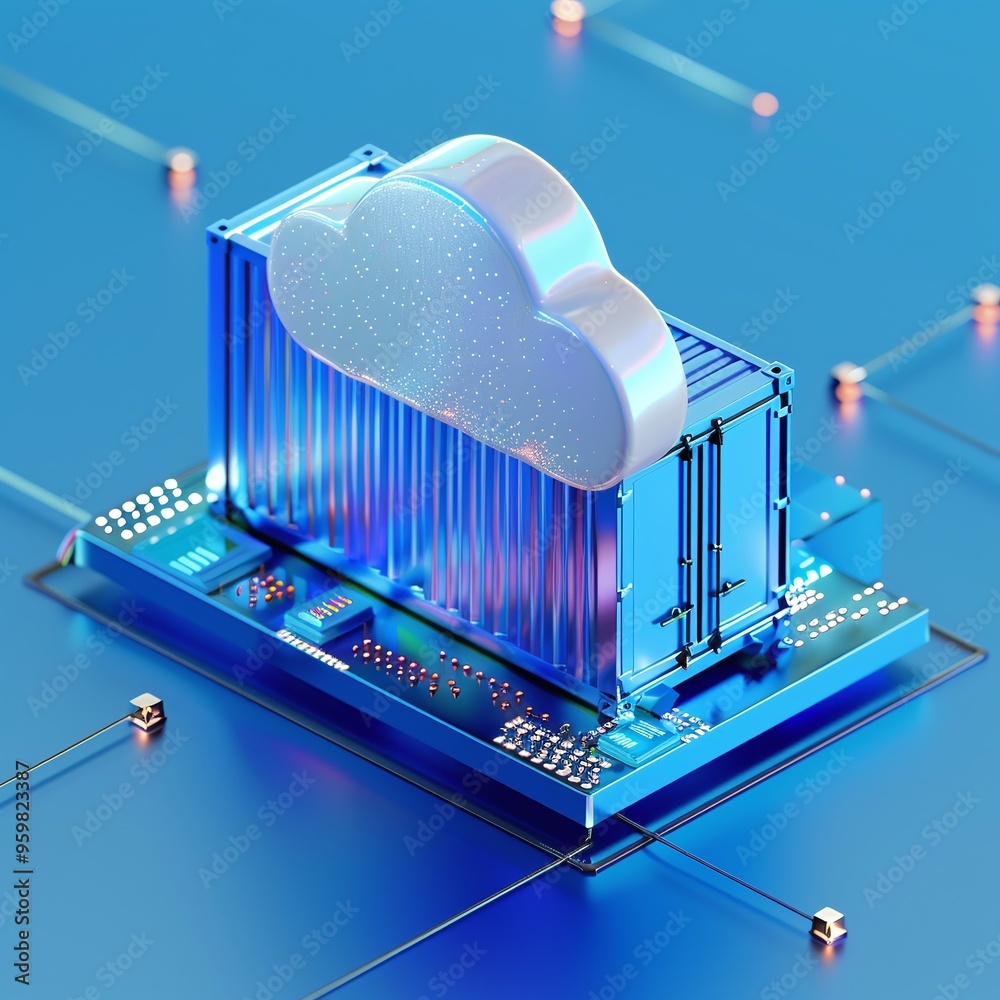 Poster futuristic cloud computing concept with a digital circuit board, illustrating data storage and techn