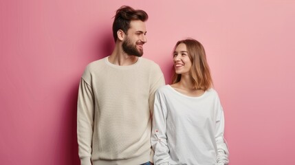 A couple stands side by side against a pink wall, looking at each other and smiling, dressed in cozy, light sweaters, exuding warmth and contentment.
