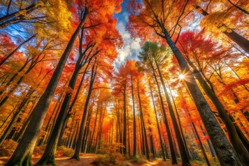 Obraz premium Autumn's final flourish illuminates the forest, with tall trees donning a cloak of orange, yellow, and red, their