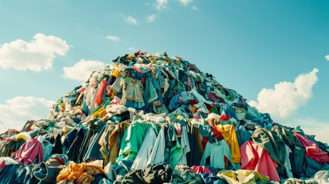 A large pile of colorful clothes forms a mountain under a clear sky, highlighting the scale of fashion waste and consumerism.