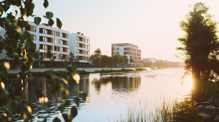 Fototapeta premium Serene riverside view of modern apartment buildings at sunset, casting warm reflections on the water.
