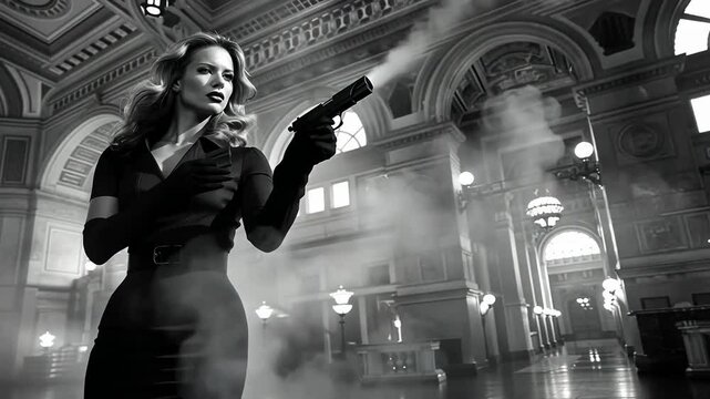 mysterious woman in noir style with handgun in grand hall